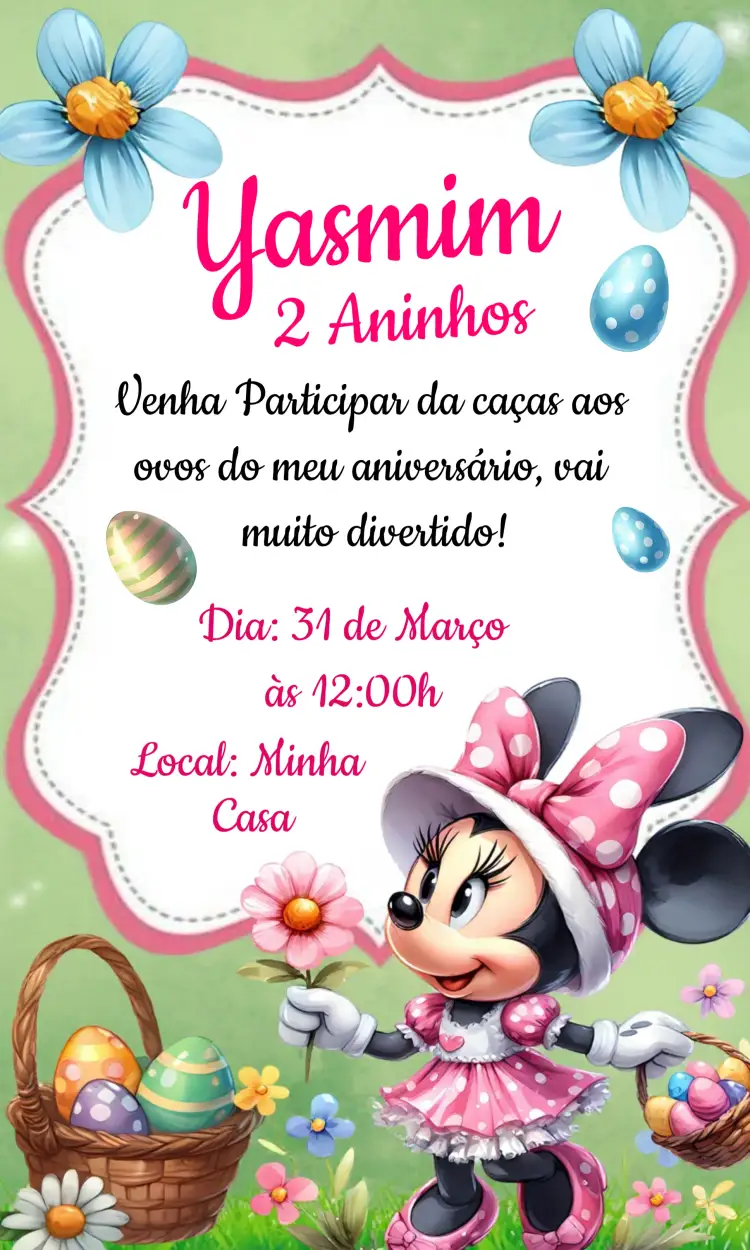 Convite Páscoa Minnie Mouse Ovos – tema Datas Comemorativas rosa, lúdico, colorido, Disney, infantil, divertido