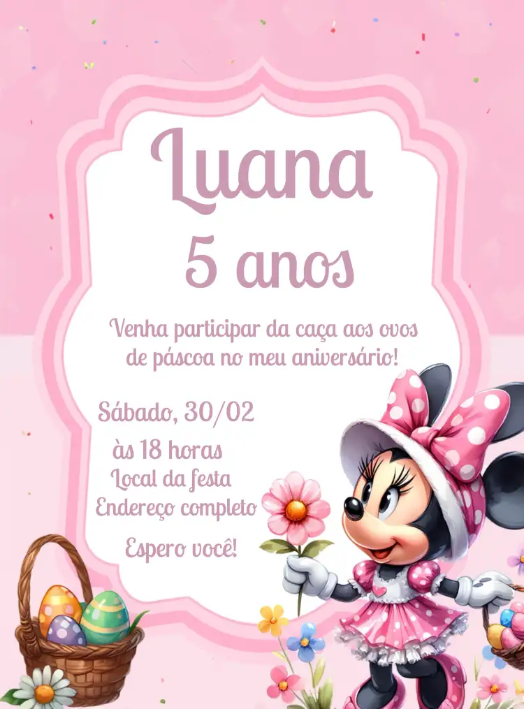 Convite Páscoa Minnie Mouse Rosa – tema Datas Comemorativas rosa, Disney, infantil, lúdico, festivo