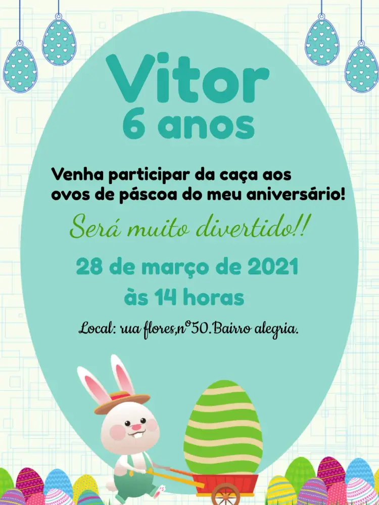 Convite Páscoa Ovinhos – tema Datas Comemorativas colorido, infantil, lúdico, azul e branco, coelhos, ovinhos