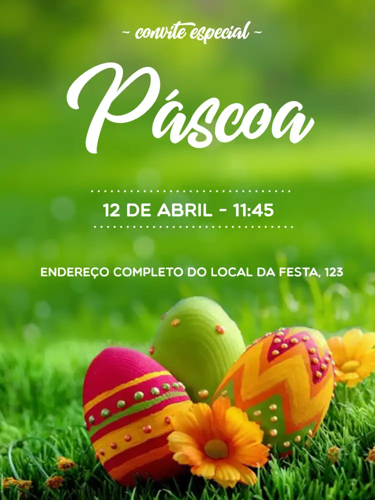 Convite Páscoa Ovos – tema Datas Comemorativas marrom, branco, ovos coloridos, estilo festivo, elementos gráficos de Páscoa, tema infantil