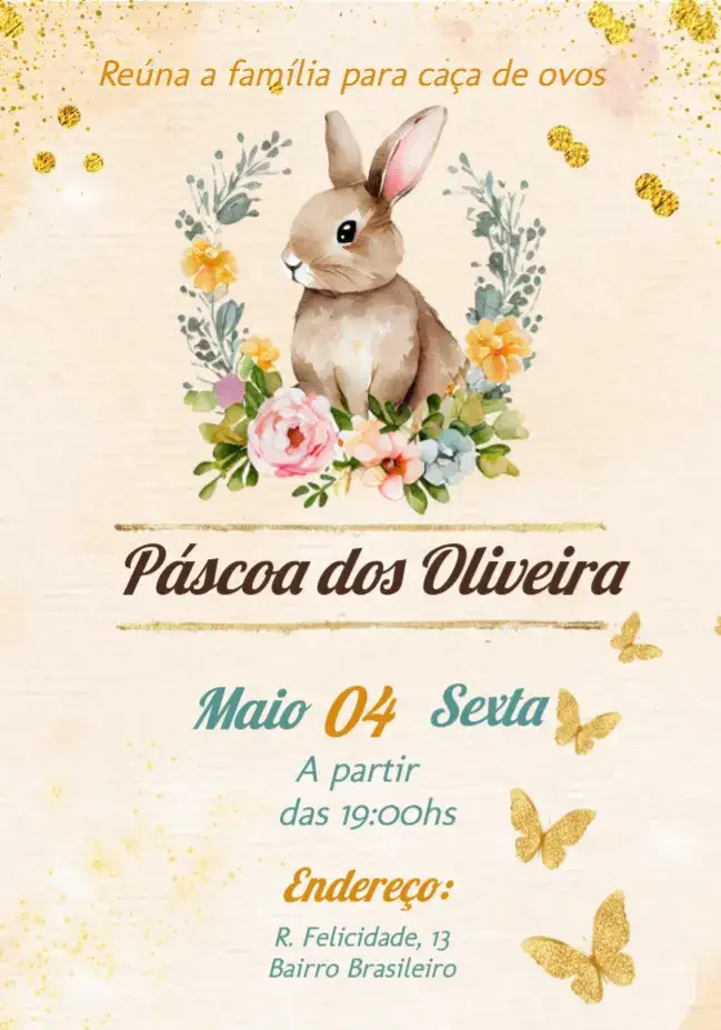 Convite Páscoa Pascóa – tema Datas Comemorativas colorido, divertido, familiar, ilustrações de coelhos, ovos decorados, estilo alegre