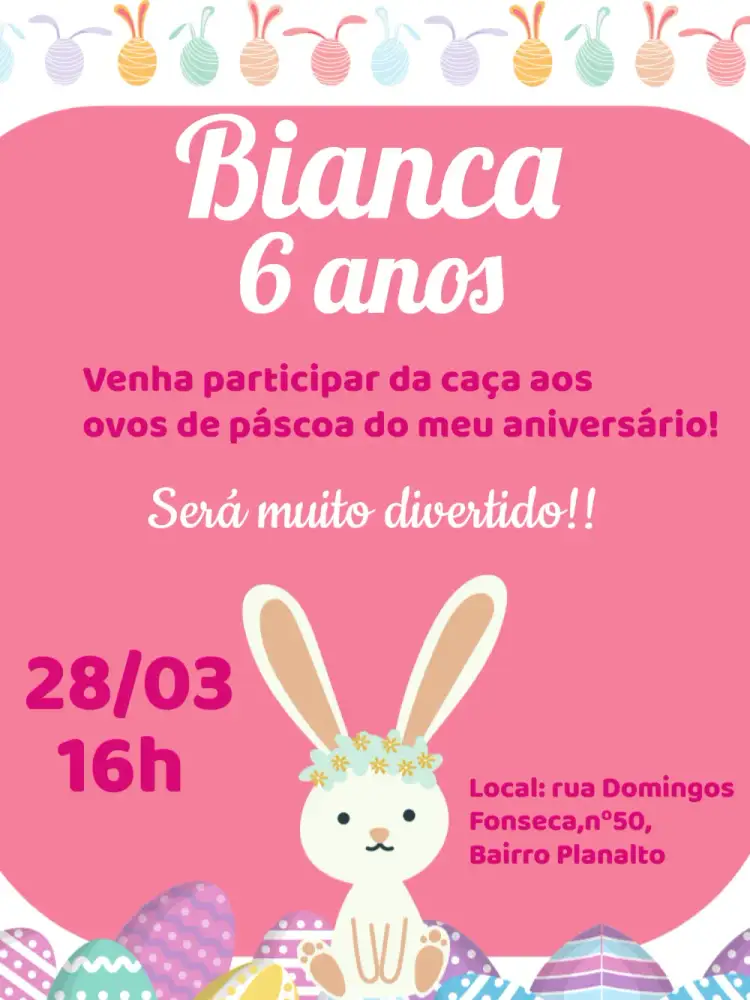 Convite Páscoa Rosa – tema Datas Comemorativas cores pastel, estilo lúdico, ilustrações de coelhos, elementos florais, design alegre, estilo moderno