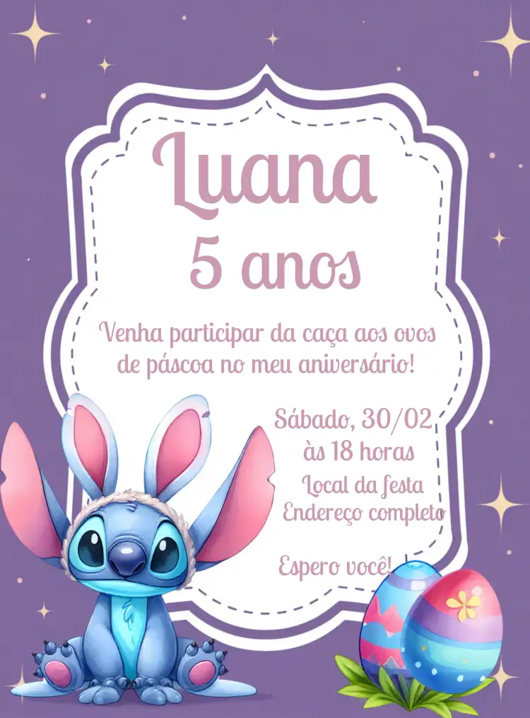 Convite Páscoa Stitch Disney – tema Datas Comemorativas rosa, divertido, Disney, ilustrações lúdicas, temática infantil, páscoa