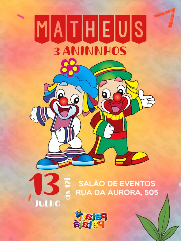 Convite Patati E Patatá Vermelho – tema Mais pesquisados colorido, temático, infantil, divertido, circense