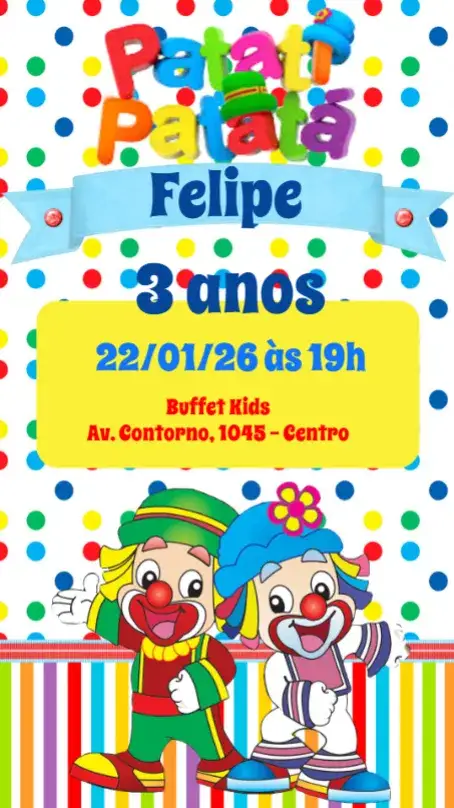 Convite Patati Patatá – tema Aniversário Infantil colorido, divertido, temático, alegre, infantil