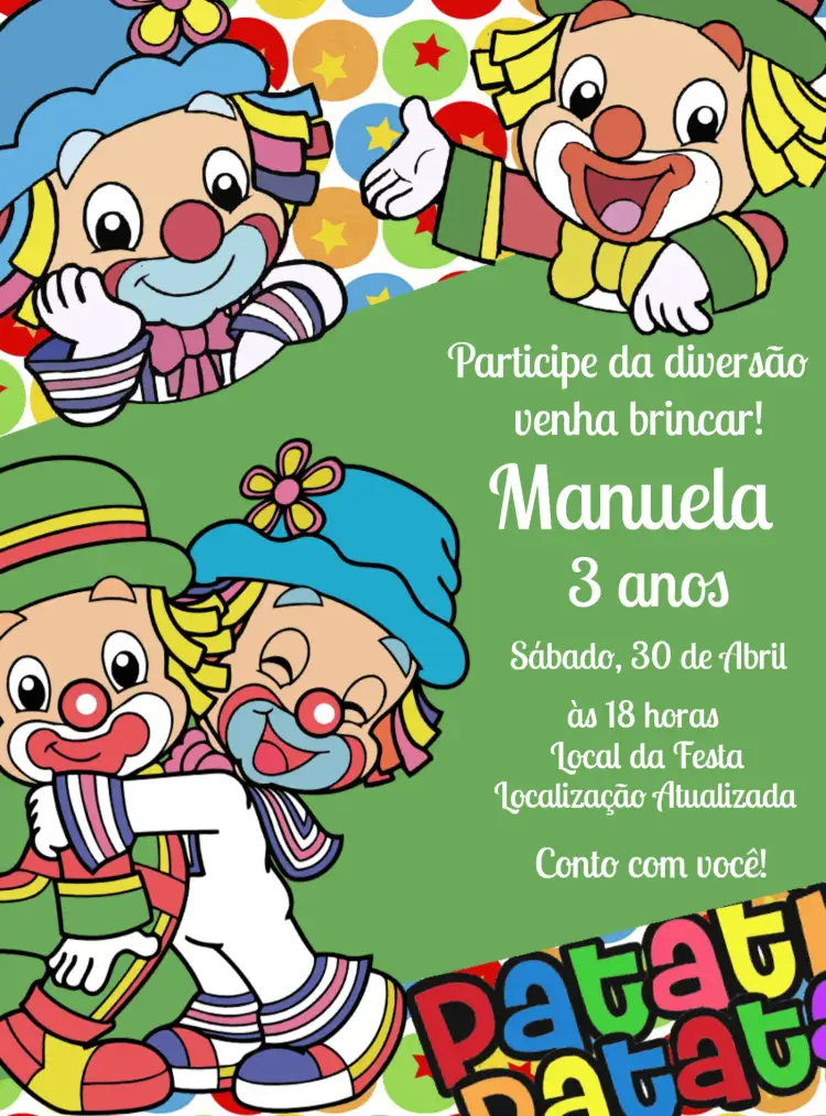 Convite Patati Patatá Palhaços – tema Mais pesquisados colorido, divertido, infantil, lúdico, festivo, animado