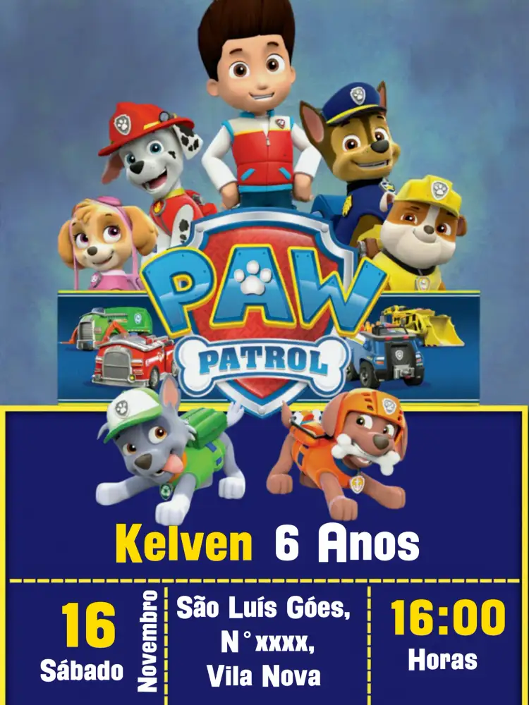Convite Patrulha Canina ... – tema Aniversário Infantil colorido, divertido, infantil, temático, moderno, aquarela