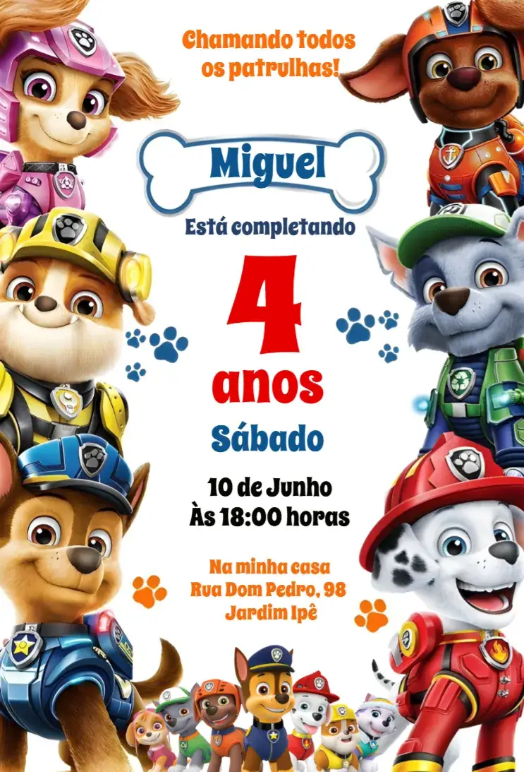 Convite Patrulha Canina – tema Aniversário Infantil colorido, aventura, brincalhão, temático, infantil, animais