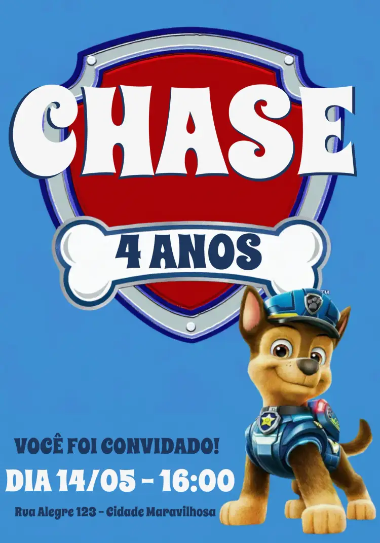Convite Patrulha Canina – tema Aniversário Infantil colorido, divertido, temático, animais, aventura
