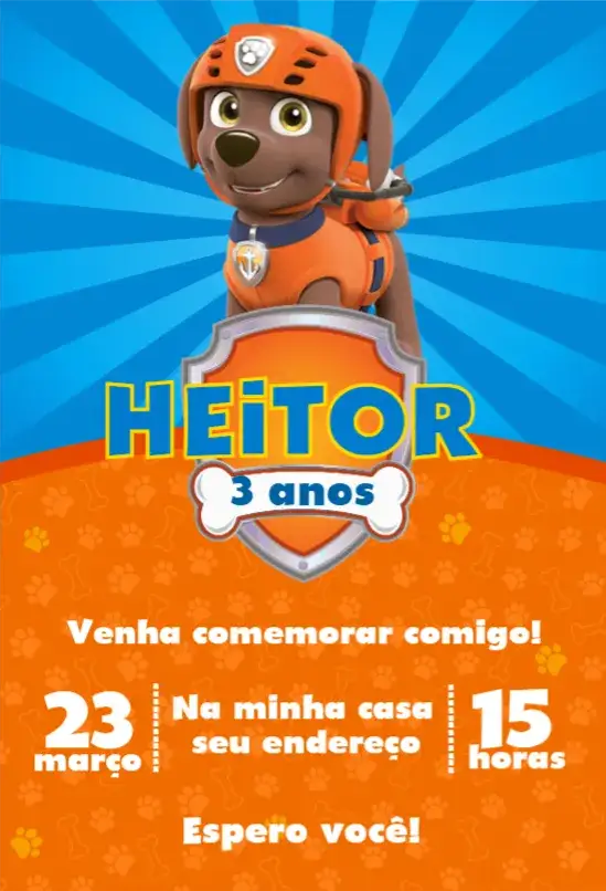 Convite Patrulha canina 11 – tema Aniversário cores vibrantes, temática infantil, elementos gráficos da Patrulha Canina, divertido, colorido, ilustrações animadas