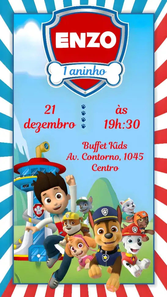 Convite Patrulha Canina – tema Aniversário Infantil colorido, divertido, infantil, aventura, temática, animais