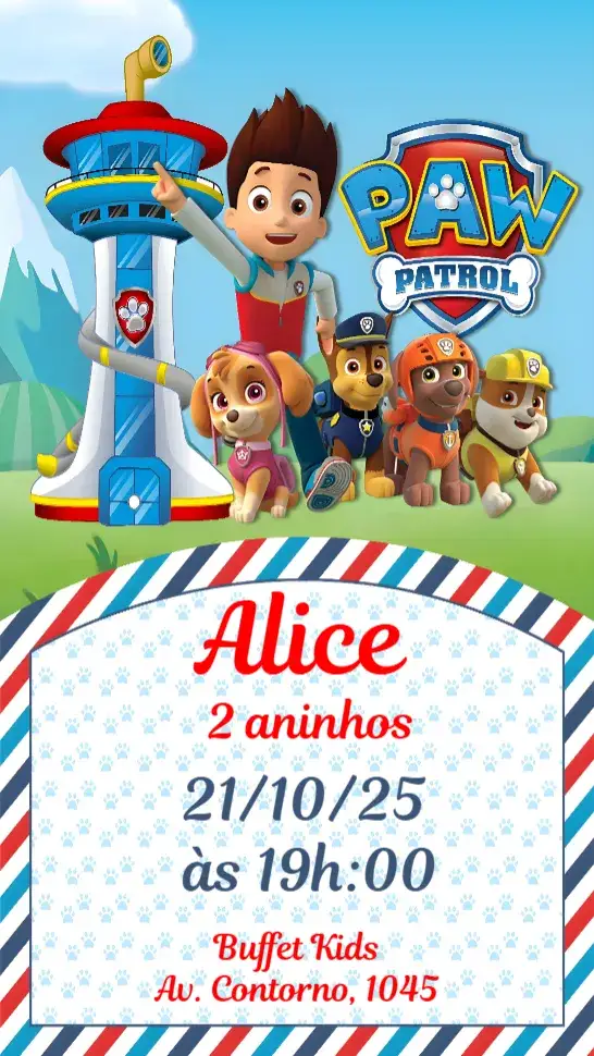 Convite Patrulha Canina – tema Aniversário Infantil colorido, divertido, infantil, temático, animado, ilustrações de animais