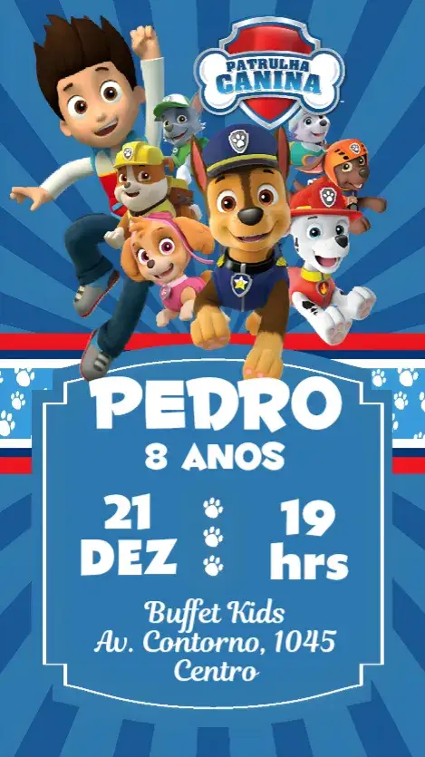 Convite Patrulha Canina – tema Aniversário Infantil colorido, divertido, cartoon, infantil, temático, animado