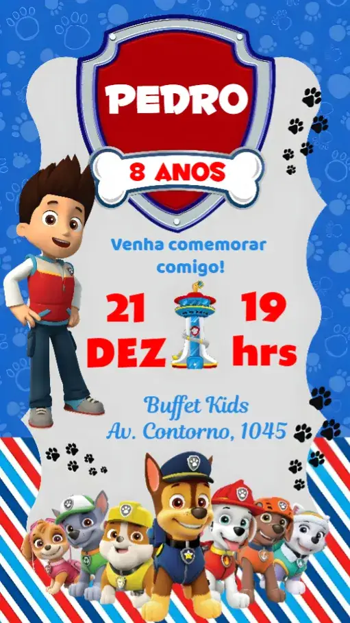Convite Patrulha Canina – tema Aniversário Infantil colorido, divertido, infantil, temático, animado, vibrante
