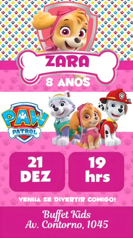 Convite Patrulha Canina – tema Aniversário Infantil colorido, divertido, infantil, temático, alegre, ilustrações de personagens