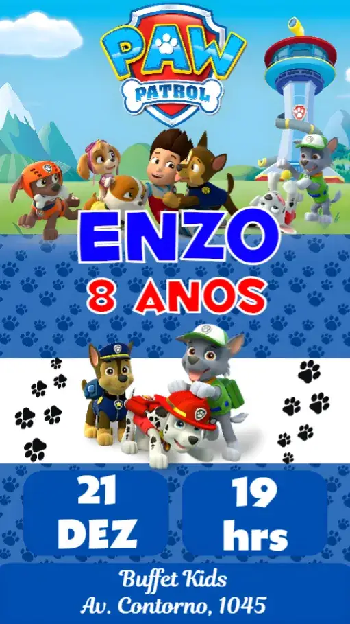 Convite Patrulha Canina – tema Aniversário Infantil colorido, divertido, temático, infantil, lúdico