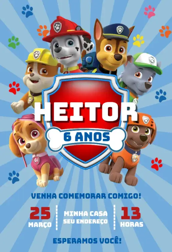 Convite Patrulha Canina 2 – tema Aniversário colorido, infantil, divertido, temático, dinâmico, animado