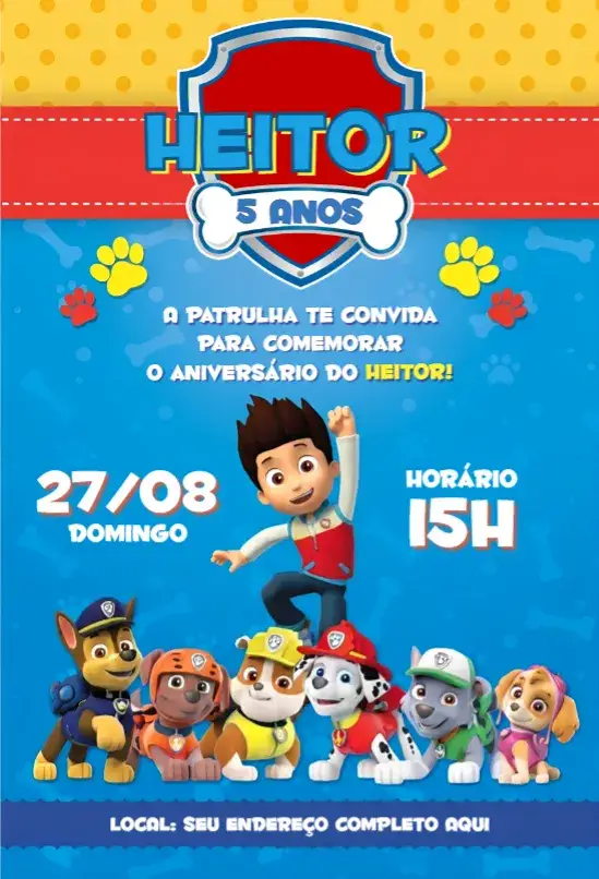 Convite Patrulha Canina 21 – tema Aniversário colorido, temático, divertido, infantil, animado