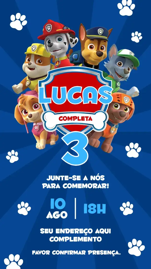 Convite Patrulha Canina – tema Aniversário Infantil colorido, divertido, infantil, aventura, animais, temático