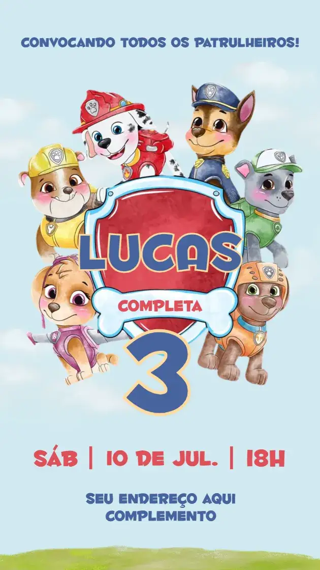 Convite Patrulha Canina – tema Aniversário Infantil colorido, divertido, temático, infantil, animado