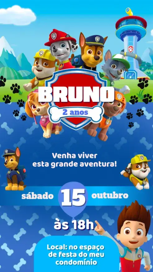 Convite Patrulha Canina – tema Aniversário Infantil vibrante, colorido, divertido, moderno, infantil
