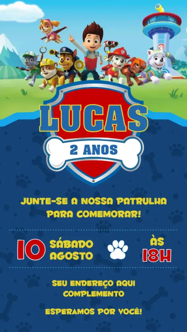 Convite Patrulha Canina – tema Aniversário Infantil azul vibrante, estilo divertido, elementos gráficos de animais, temática aventureira, ilustrações coloridas, design moderno
