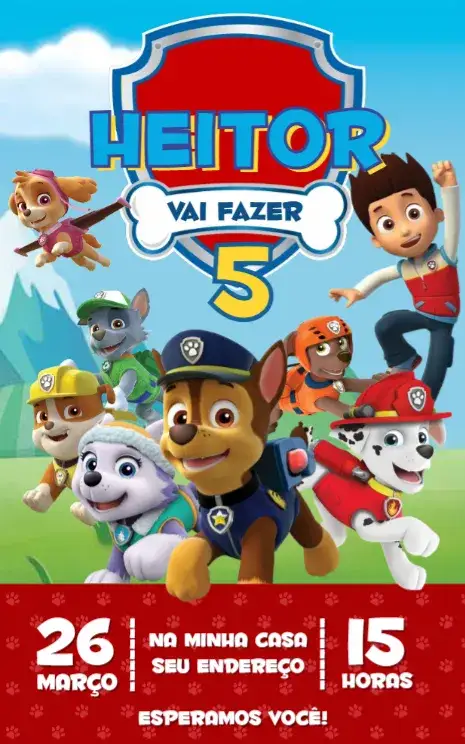 Convite Patrulha Canina 3 – tema Aniversário colorido, divertido, infantil, temático, animado