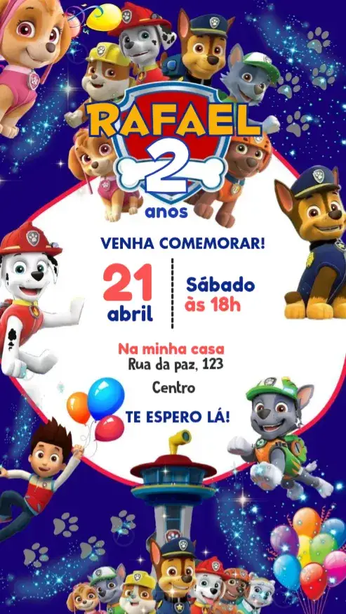Convite Patrulha canina – tema Mais pesquisados colorido, divertido, temático, infantil, aventura