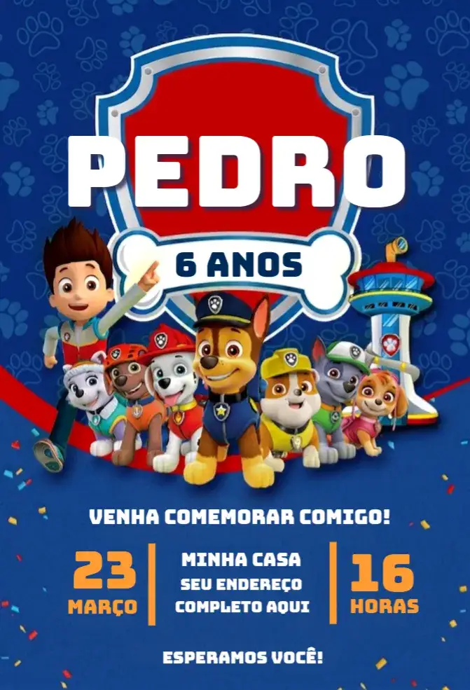 Convite Patrulha Canina – tema Aniversário colorido, divertido, aquarela, animais, aventura