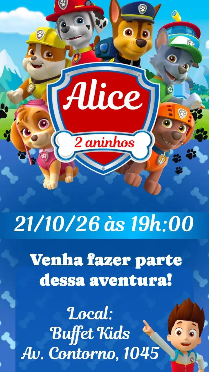 Convite Patrulha Canina – tema Aniversário Infantil colorido, divertido, aventura, infantil, animais, temático