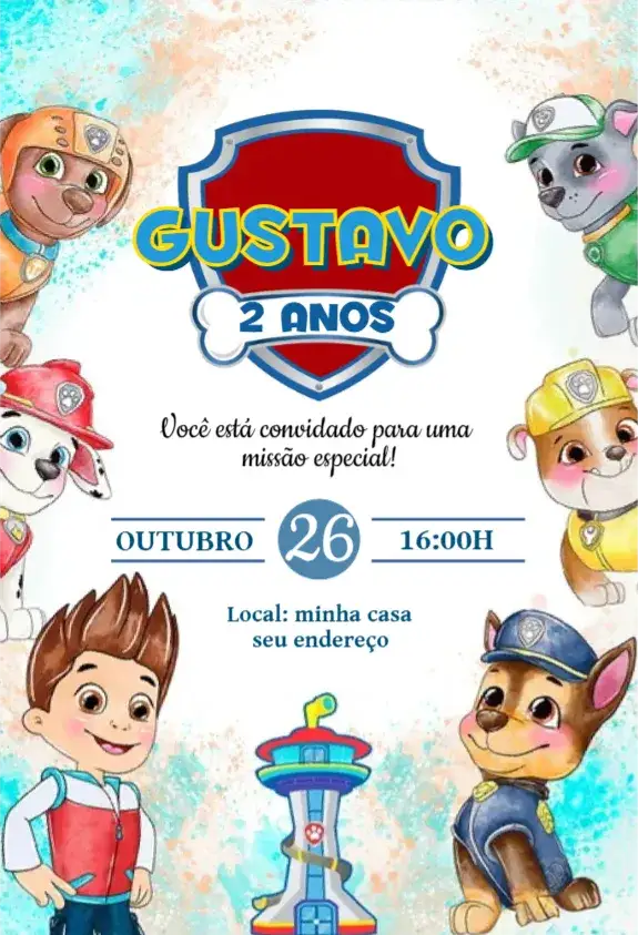 Convite Patrulha Canina 4 – tema Aniversário aquarela, colorido, divertido, infantil, temático