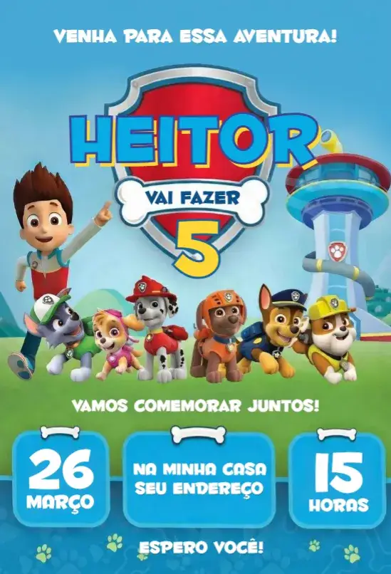 Convite Patrulha Canina 4 – tema Aniversário divertido, colorido, temático, infantil, moderno