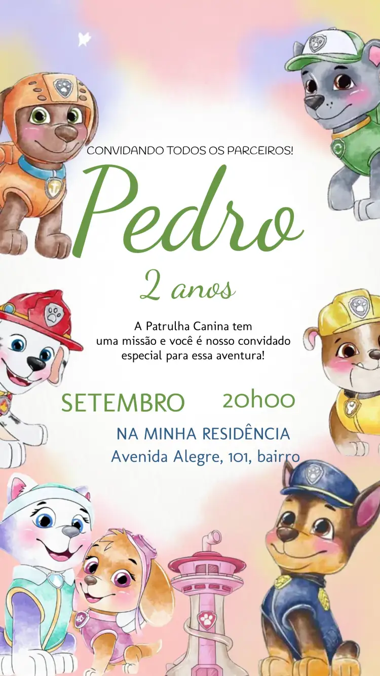Convite Patrulha Canina – tema Aniversário Infantil colorido, aquarela, temático, divertido, infantil, animado