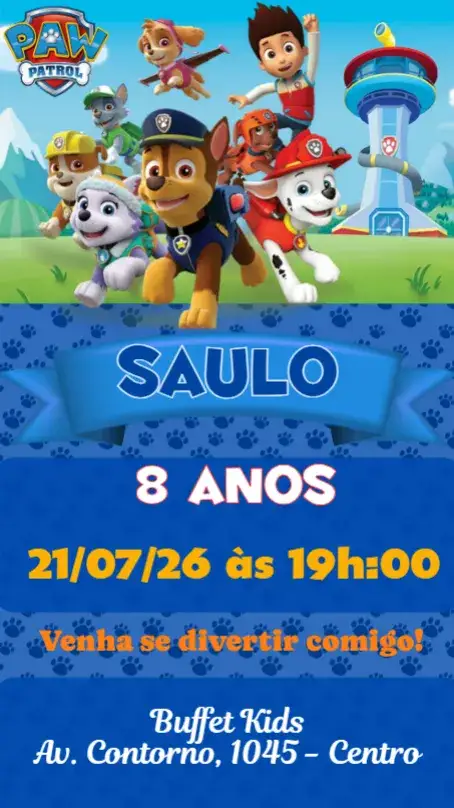 Convite Patrulha Canina – tema Aniversário Infantil colorido, divertido, temática de aventura, ilustrações de animais, estilo cartoon