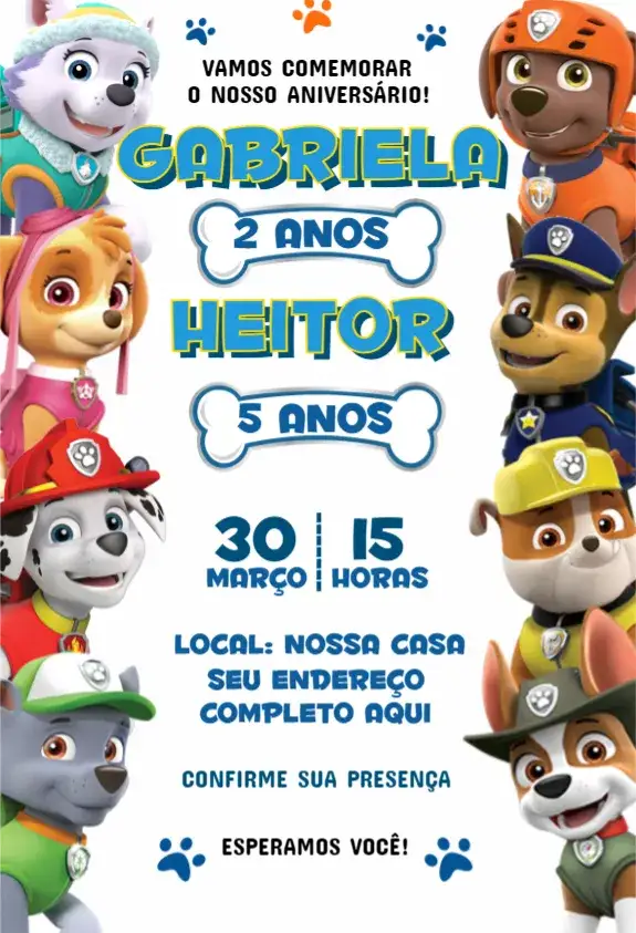 Convite Patrulha Canina 5 – tema Aniversário colorido, divertido, temático, infantil, animado