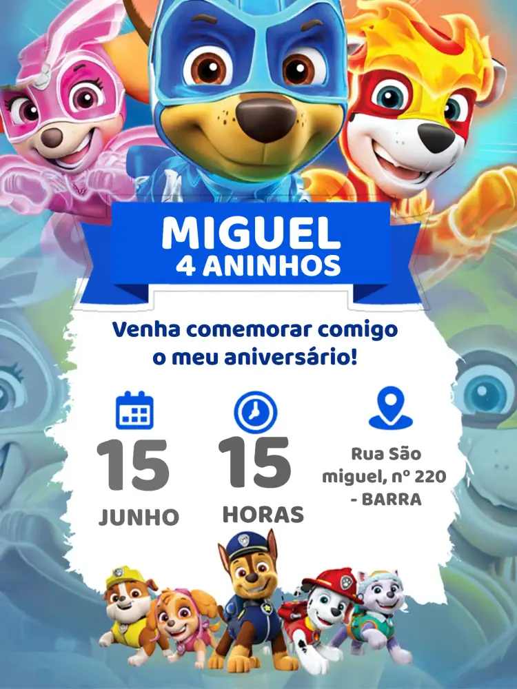 Convite Patrulha Canina – tema Aniversário Infantil colorido, divertido, temático, infantil, aventureiro
