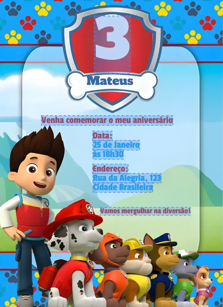Convite Patrulha Canina – tema Aniversário Infantil colorido, temático, animado, divertido, infantil