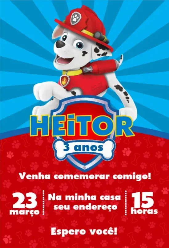 Convite Patrulha Canina 7 – tema Aniversário colorido, divertido, temático, infantil, animado