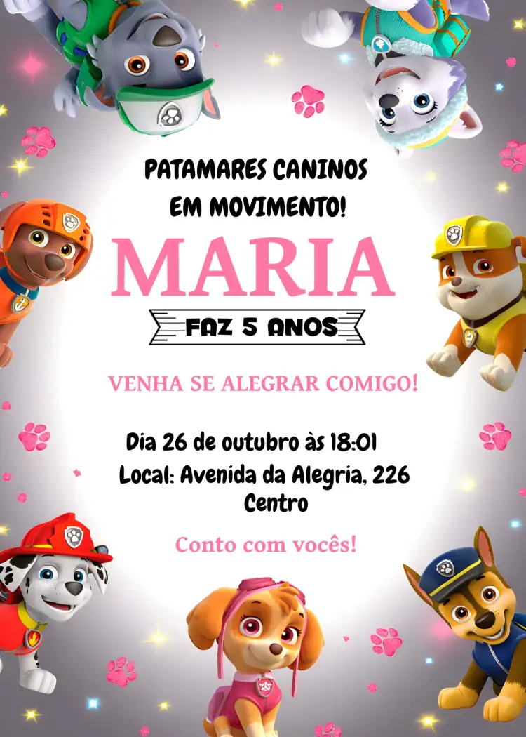 Convite Patrulha Canina – tema Aniversário Infantil rosa, divertido, colorido, infantil, temático
