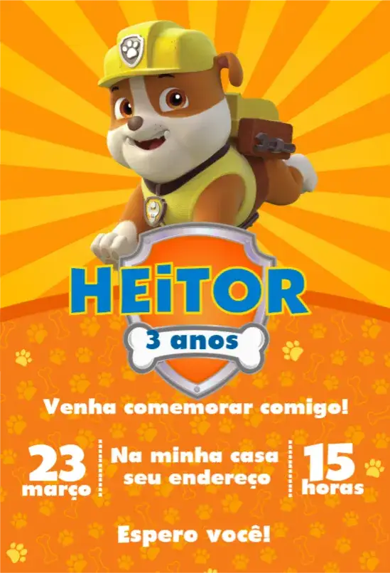 Convite Patrulha Canina 8 – tema Aniversário colorido, divertido, aventura, infantil, animais, temática