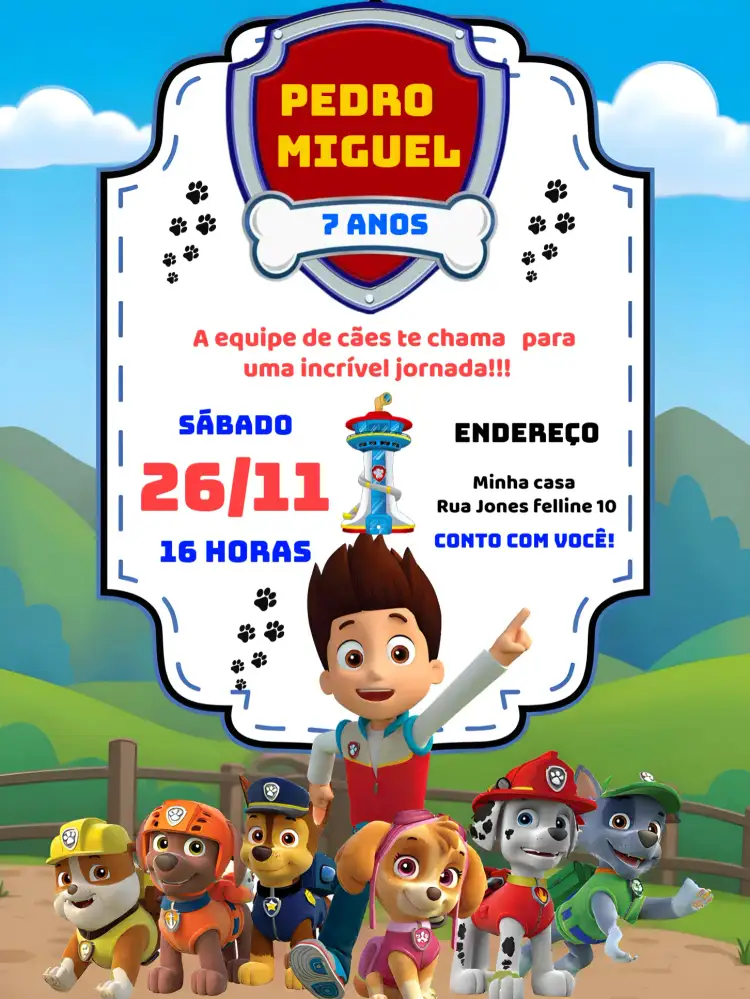 Convite Patrulha Canina – tema Aniversário Infantil cores vibrantes, estilo divertido, elementos gráficos de cachorro, tema de aventura, design infantil, ilustrações animadas
