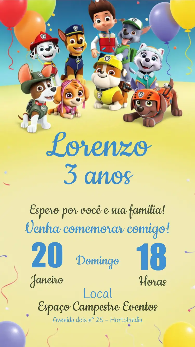 Convite Patrulha Canina Amarelo – tema Aniversário Infantil colorido, divertido, temático, infantil, animado