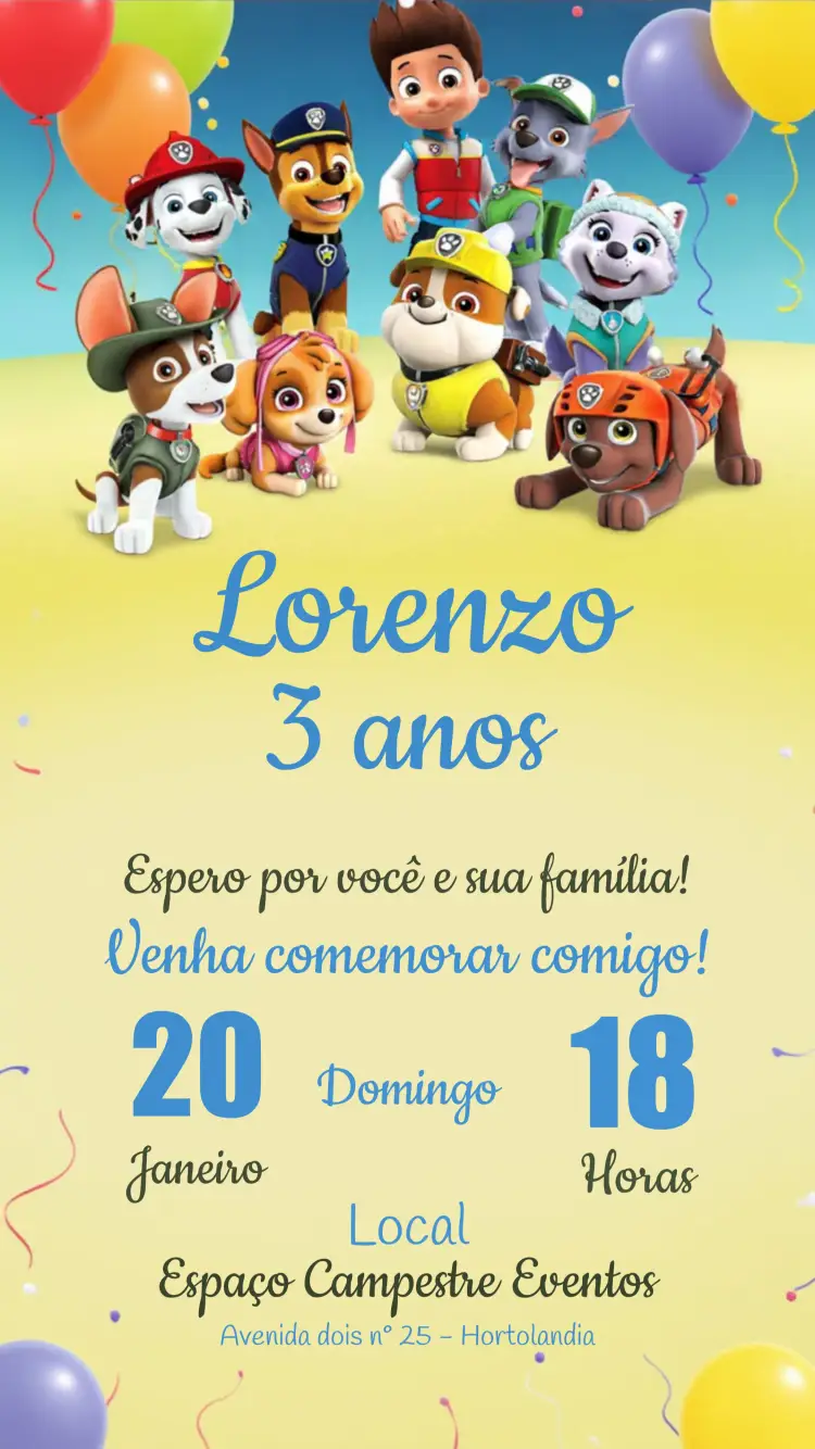 Convite Patrulha Canina Amarelo