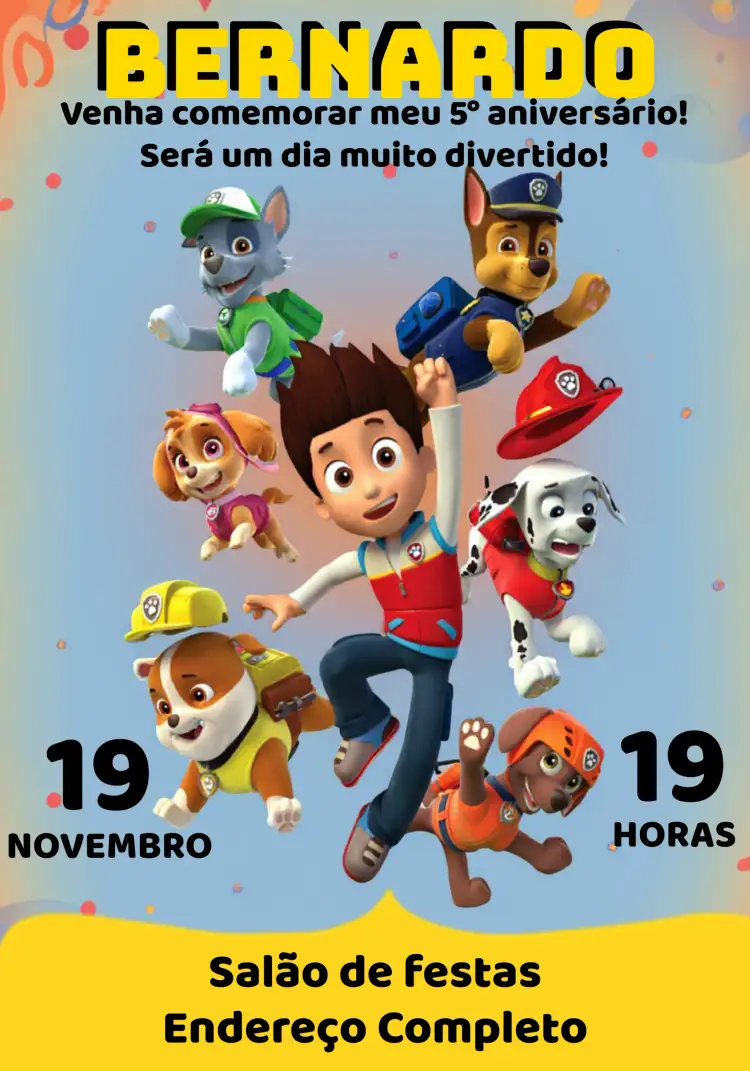 Convite Patrulha Canina Amarelo – tema Aniversário Infantil amarelo vibrante, divertido, infantil, temático, colorido, animado