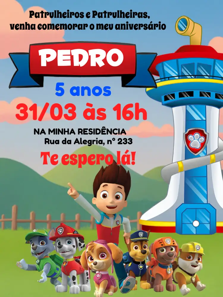 Convite Patrulha Canina Animado – tema Aniversário Infantil colorido, divertido, temático, animado, infantil