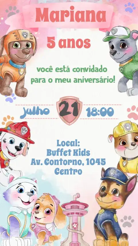 Convite Patrulha Canina Aquarela – tema Aniversário Infantil colorido, aquarela, temática, divertido, infantil, animais