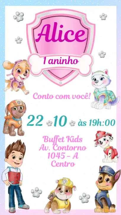 Invitación Patrulla Canina Acuarela Niña – tema Cumpleaños Infantil acuarela, colorido, divertido, infantil, temático