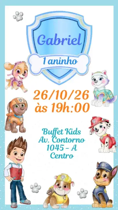 Convite Patrulha Canina Aquarela Menino – tema Aniversário Infantil aquarela, vibrante, colorido, divertido, temático, infantil