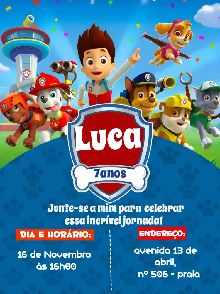 Convite Patrulha Canina Azul – tema Aniversário Infantil colorido, divertido, infantil, temático, animado
