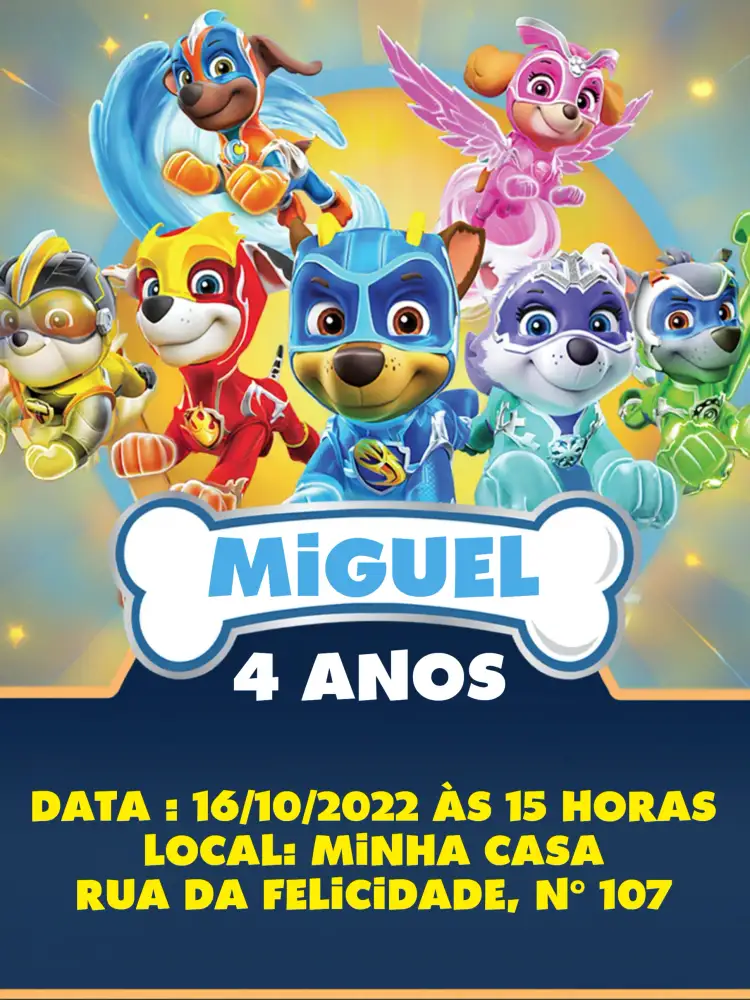 Convite Patrulha Canina Azul – tema Aniversário Infantil azul, dourado, divertido, temático, infantil